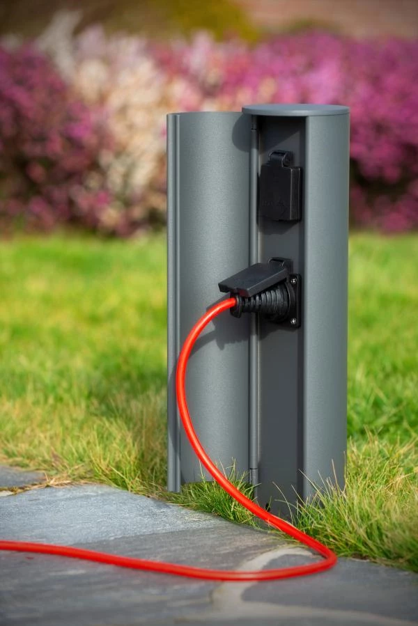 Lucide POWERPOINT - Outdoor socket column - Sockets with pin earth - Type E - FR, BE, POL, SVK & CZE standard - Ø 10 cm - IP44 - Anthracite - ambiance 3